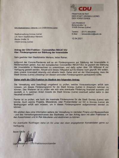 Antrag der CDU-Fraktion zur St�rkung der Innenstadt von Gronau - REACT -Coronahilfen - F�rderprogramm. 