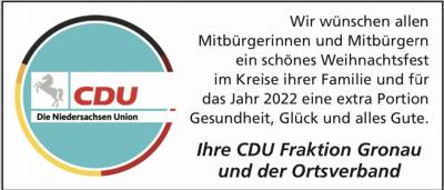 CDU-Stadtratsfraktion und der CDU Ortsverband Gronau (Leine) wünschen fröhliche Weihnachten und alles Gute für das neue Jahr 2022 !!!  - CDU-Stadtratsfraktion und der CDU Ortsverband Gronau (Leine) wünschen fröhliche Weihnachten und alles Gute für das neue Jahr 2022 !!! 