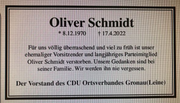 Traueranzeige für Oliver Schmidt ! 
