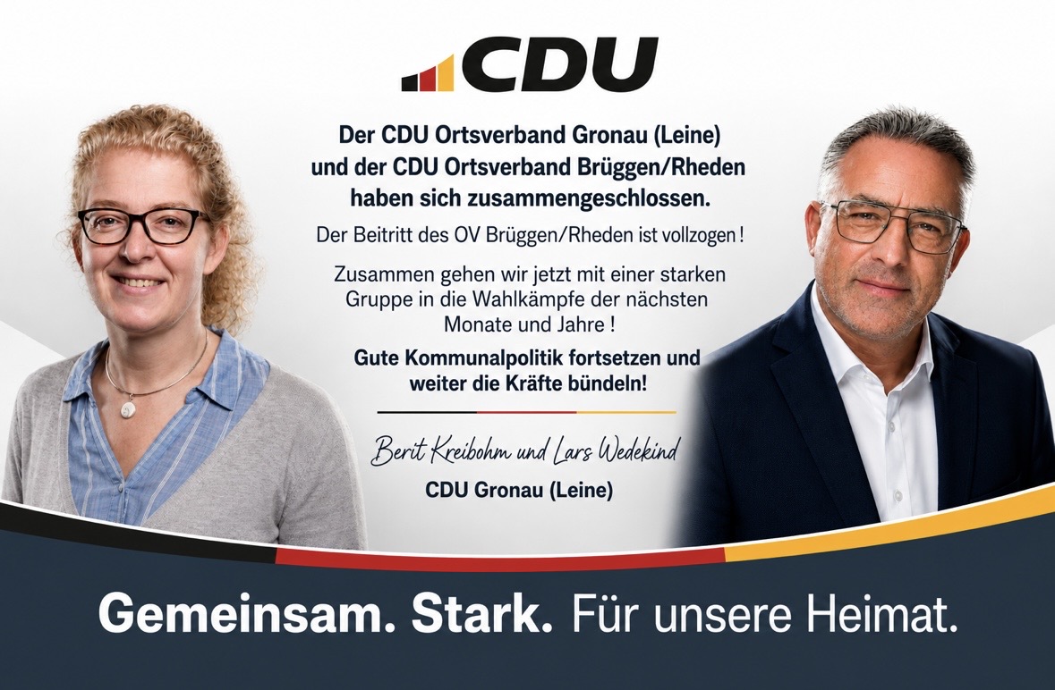 Berit Kreibohm als Vorsitzende des CDU OV Br�ggen/Rheden und Lars Wedekind vom OV Gronau (Leine) arbeiten jetzt im Team zusammen. 