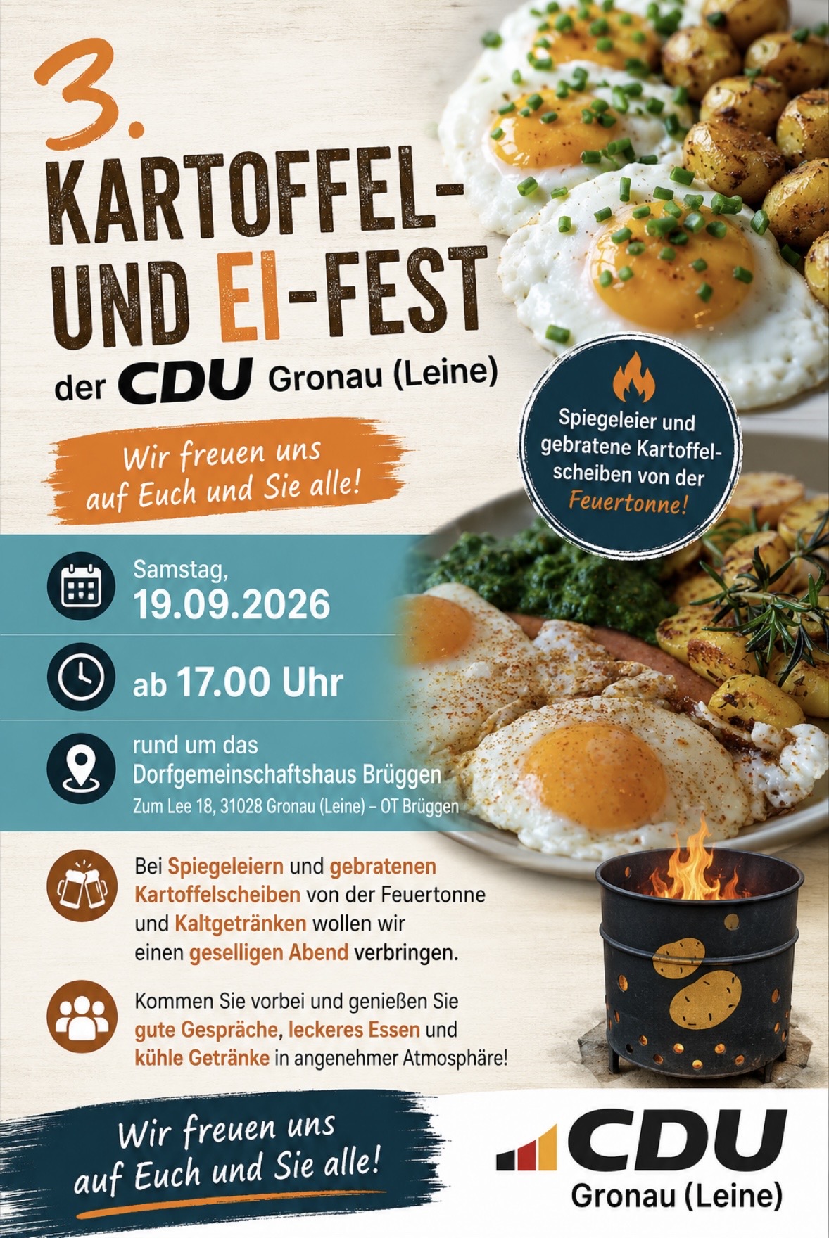 Am Samstagnachmittag ab 17.00 Uhr laden die Gronauer Christdemokraten zum 3. Kartoffel und Eierfest nach Br�ggen ein ! 